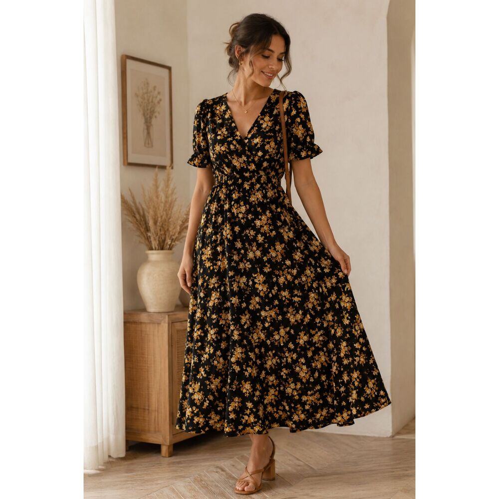 Black & Mustard Floral Midi Dress | Lightweight Everyday Dress | Size Small